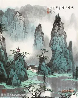 高清白雪石水墨山脉湖畔美景装饰画