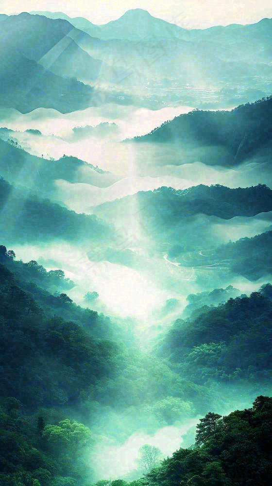 中国风高山绿植森林丛林，阳光蓝天白云，户外(816x1456)
