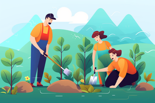 少年们正在植树绿色卡通插画