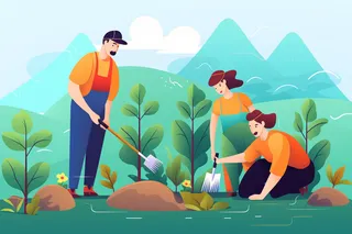 少年们正在植树绿色卡通插画