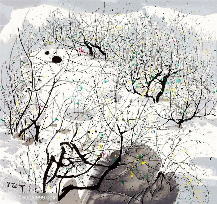 吴冠中手绘树林水墨风景画