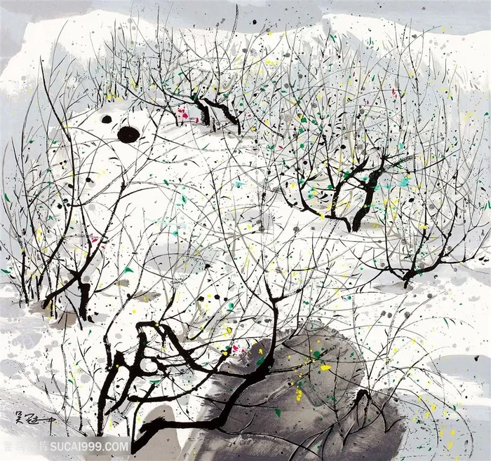 吴冠中手绘树林水墨风景画