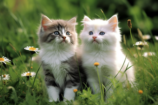 两只幼猫在草丛里玩耍摄影图