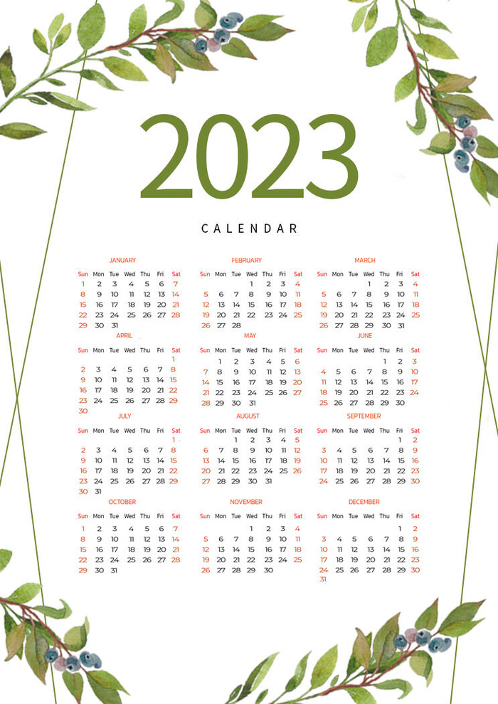 绿白色花枝2023日历兔年