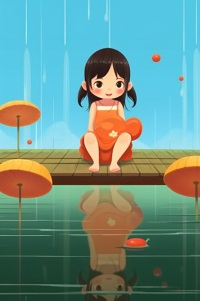 女孩坐着乘凉水果插画背景