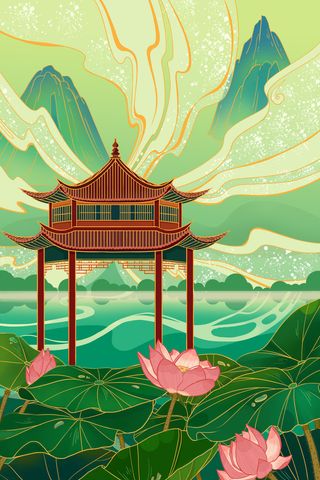 中国风国潮古建筑地标城市古风建筑阁楼印象地标手绘插画PSD素材