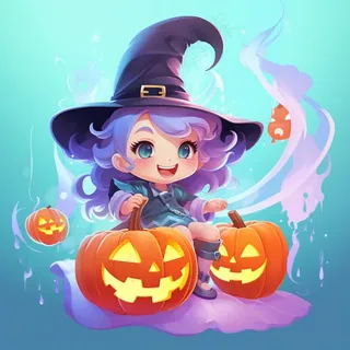 万圣节女巫紫色服饰南瓜可爱卡通插画背景