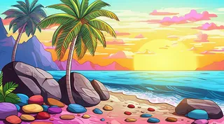 带有棕榈树和石头的热带海滩的 Instagram 图标图像，充满活力的漫画风格，天蓝色，彩色动画剧照，大型画布绘画，3840x2160，极简主义背景，生动的海景插画背景