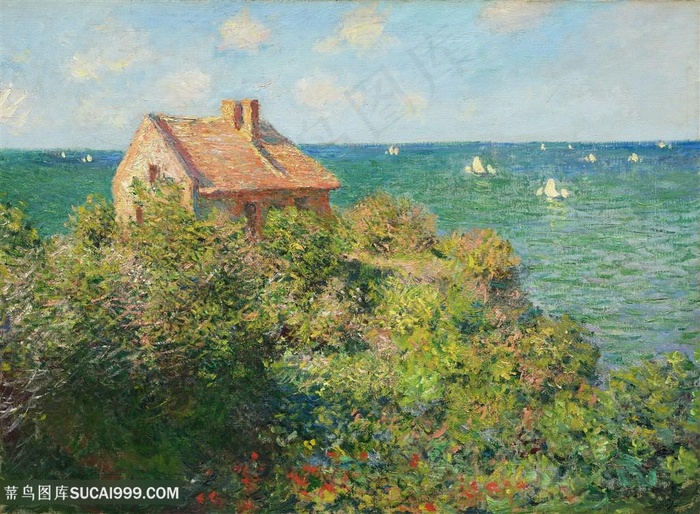 印象派莫奈海边的房子油画图片