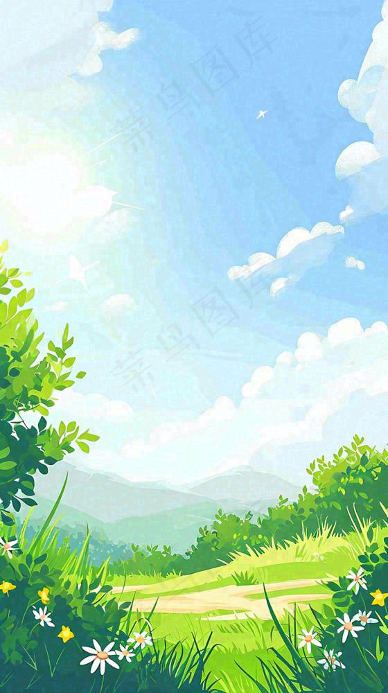 春天郊外露营旅行山脉蓝天白云草坪草地花丛，清新自然，惊蛰春分(816x1456)