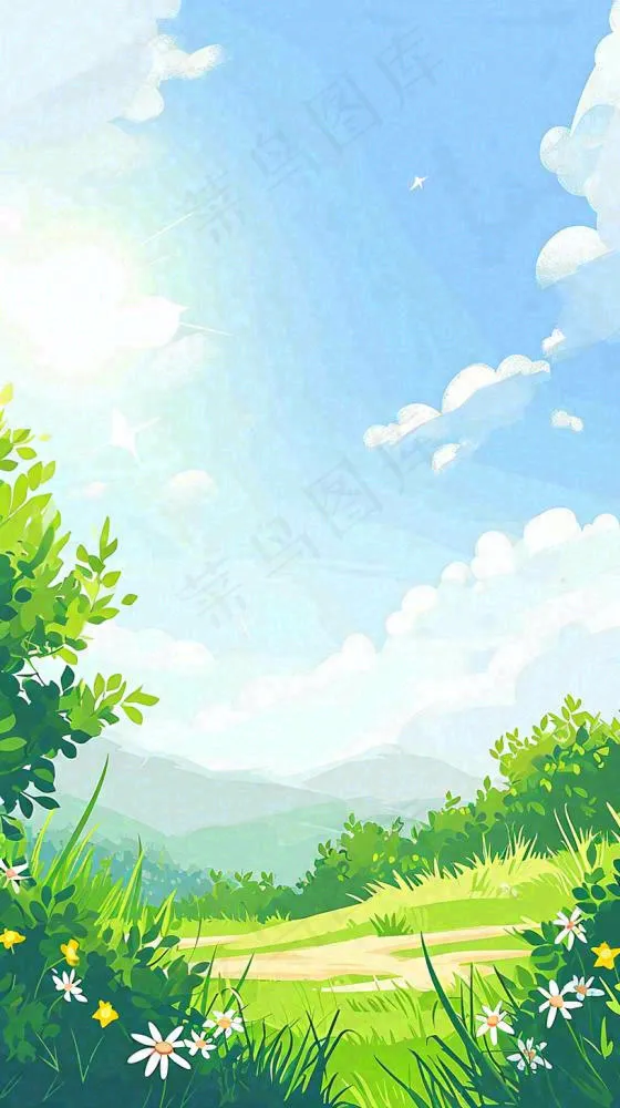 春天郊外露营旅行山脉蓝天白云草坪草地花丛，清新自然，惊蛰春分(816x1456)