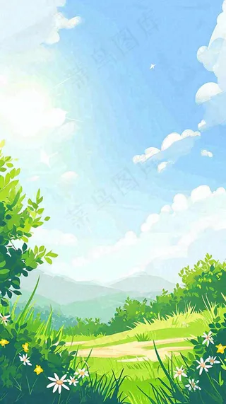 春天郊外露营旅行山脉蓝天白云草坪草地花丛，清新自然，惊蛰春分