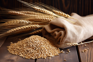 秋季成熟作物布袋倒出的小麦和干麦穗摄影图