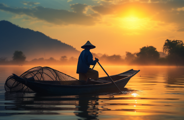 湖泊江河里的打渔船老伯摄影图