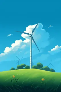 夏日草原风车蓝天白云卡通插画素材 夏日草原风车蓝天白云卡通插画素材