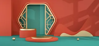 中国风国潮电商促销海报C4D背景图3D场景立体设计PSD素材模板