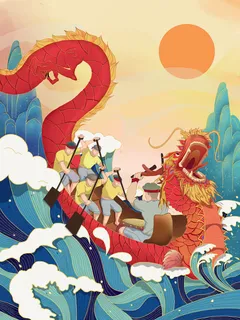 国潮风中国传统节日端午节赛龙舟粽子场景插画海报PSD设计素材