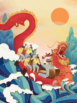 国潮风中国传统节日端午节赛龙舟粽子场景插画海报PSD设计素材