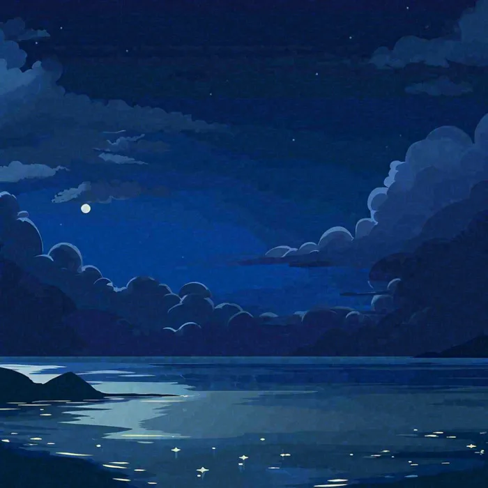 夜晚河面星空月亮唯美夜景扁平插画手绘(1024x1024)