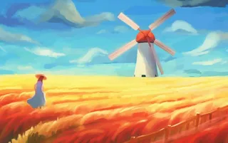 秋天麦田里的女孩背影插画背景