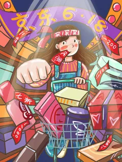 手绘618年中狂欢促销插画海报
