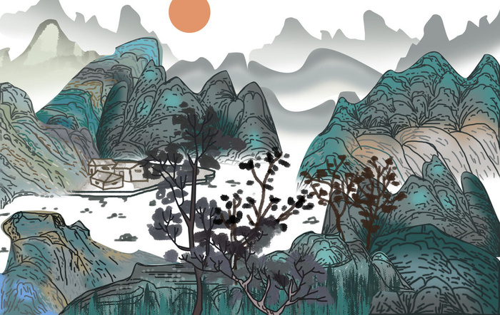 山川粗笔景观画PSD素材