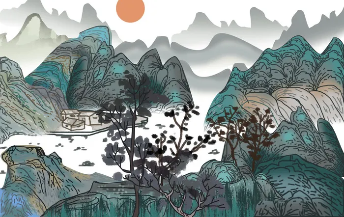 山川粗笔景观画PSD素材psd模版下载