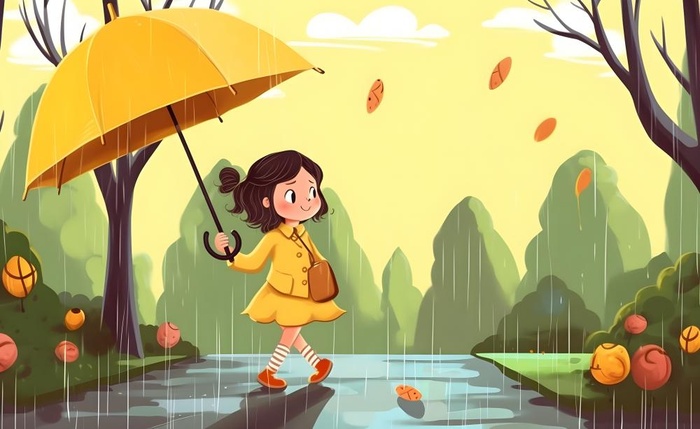春天下雨天小女孩拿着雨伞在森林里漫步绿色黄色手绘插画海报素材背景(5632x3456)