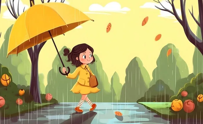 春天下雨天小女孩拿着雨伞在森林里漫步绿色黄色手绘插画海报素材背景(5632x3456)