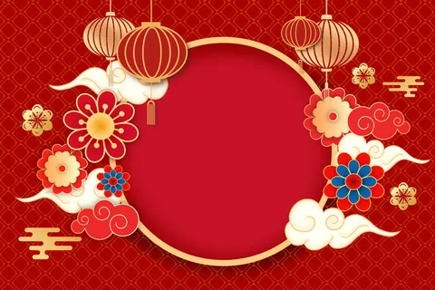 红色卡通手绘新中式春节年会展板插画