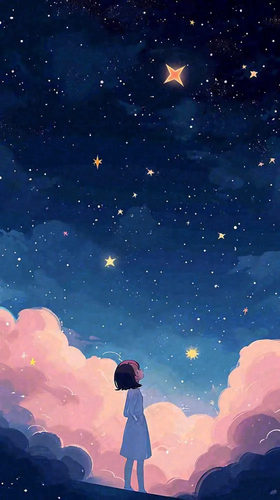 闪烁夜晚浪漫少女仰望星空粉紫色，银河月亮(816x1456)