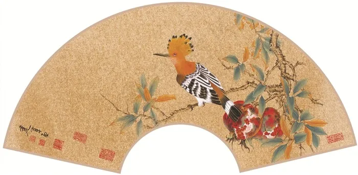 高清扇面金丝小鸟工笔画