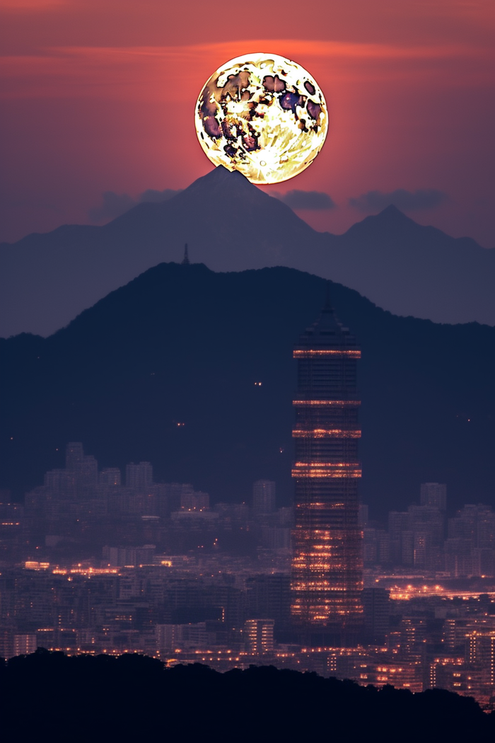 月圆之日夜晚城市上空的月亮摄影图