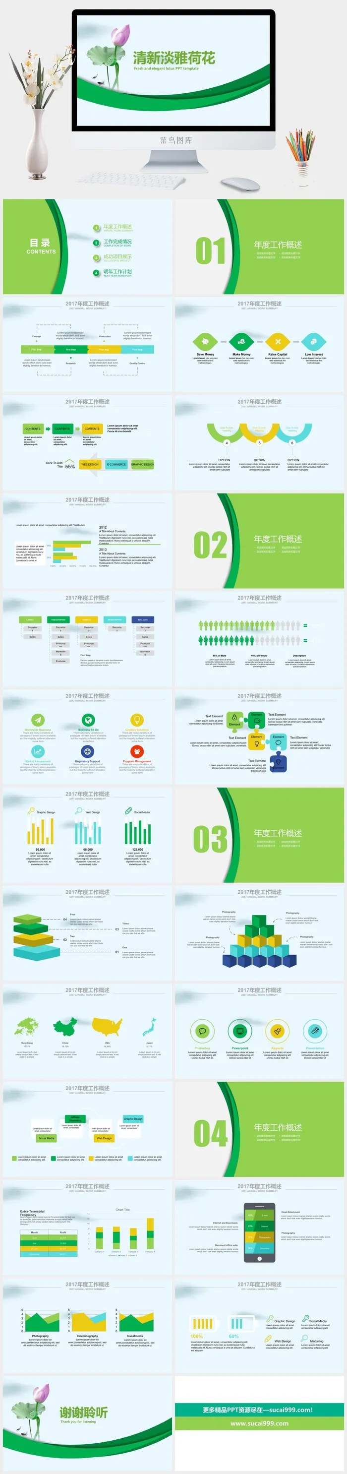 清新淡雅荷花活力绿工作总结报告ppt模板