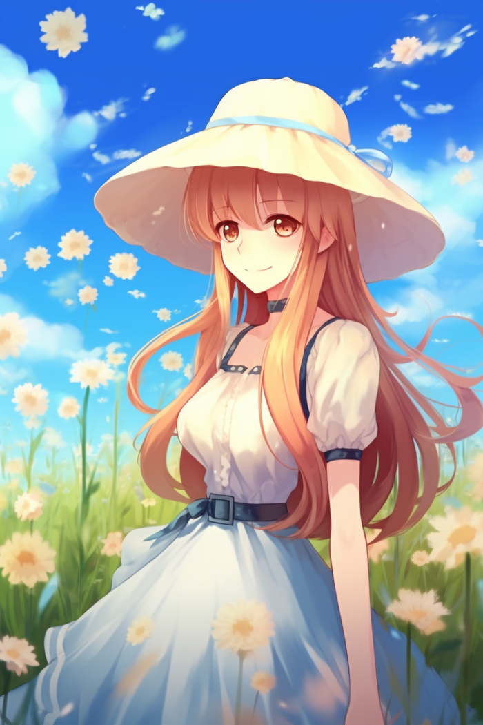 戴着帽子的美丽少女在花丛里卡通插画素材
