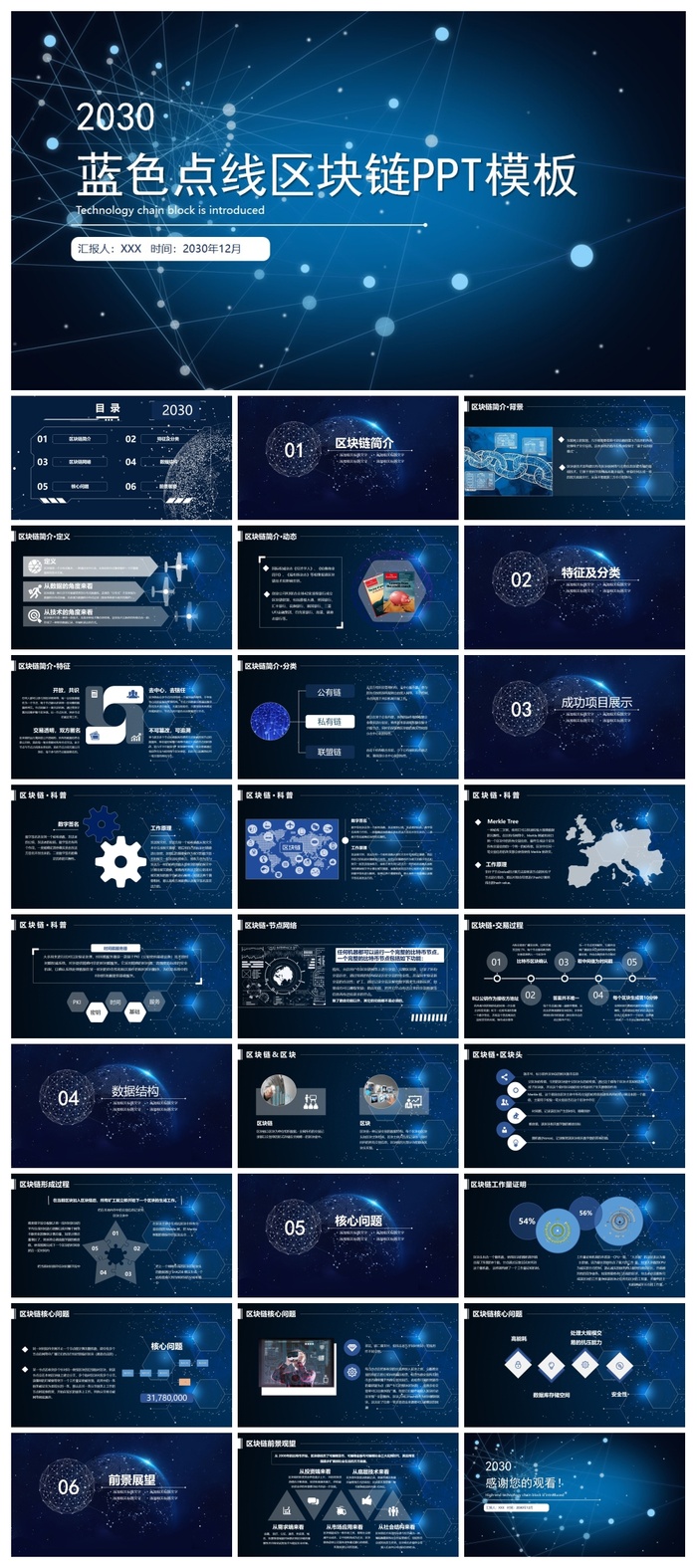 蓝色点线区块链主题PPT模板