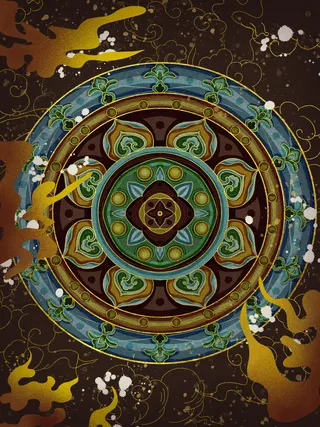 国潮中国风复古敦煌岩彩山水祥云插画烫金肌理背景PSD设计素材