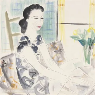 林风眠手绘室内沙发美女装饰画