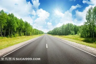 蓝天白云天空树木草地道路高清图片