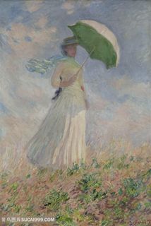 莫奈油画撑伞美女风景画