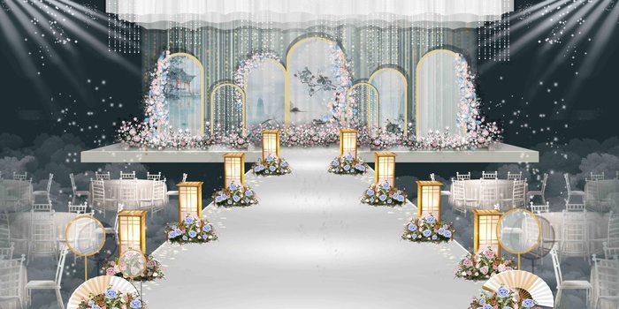 新中式蓝色清新婚礼效果图