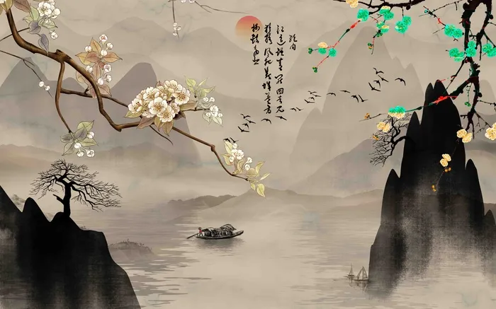 新中式花鸟背景墙psd模版下载