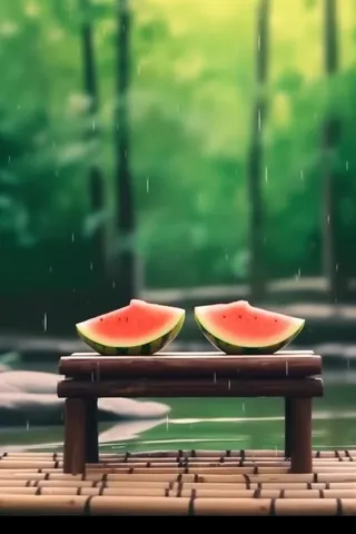 清新荷塘边凳子西瓜清爽背景