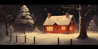 冬天夜晚森林里的房子被白雪覆盖卡通插画背景