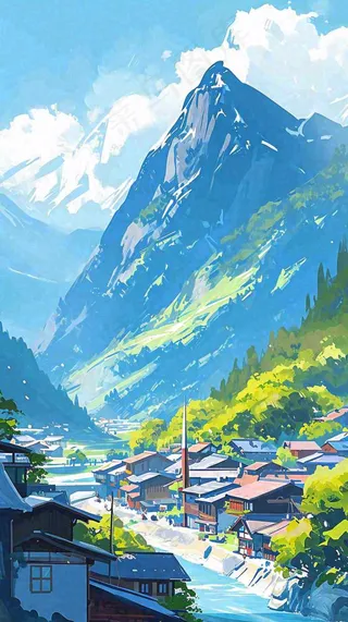 蓝天白云连绵山脉小溪河流小屋，阳光晴天