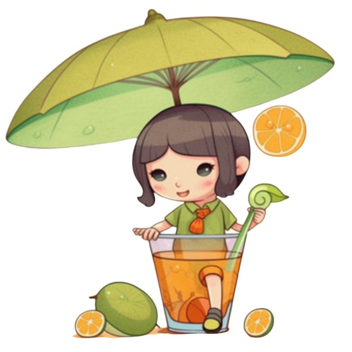 遮阳伞下坐着饮料里的人孩子免抠