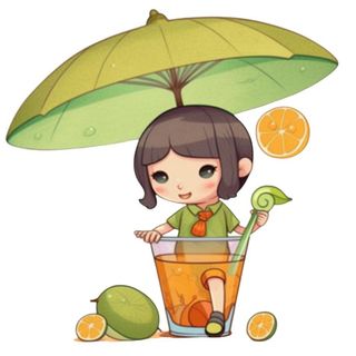 遮阳伞下坐着饮料里的人孩子免抠