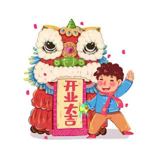 新年春节虎年元宵手绘人物舞狮卡通狮子头插画元素PSD设计素材