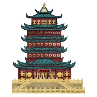 复古中国风国潮古建筑插画手绘高楼古塔PSD素材亭子png免抠图