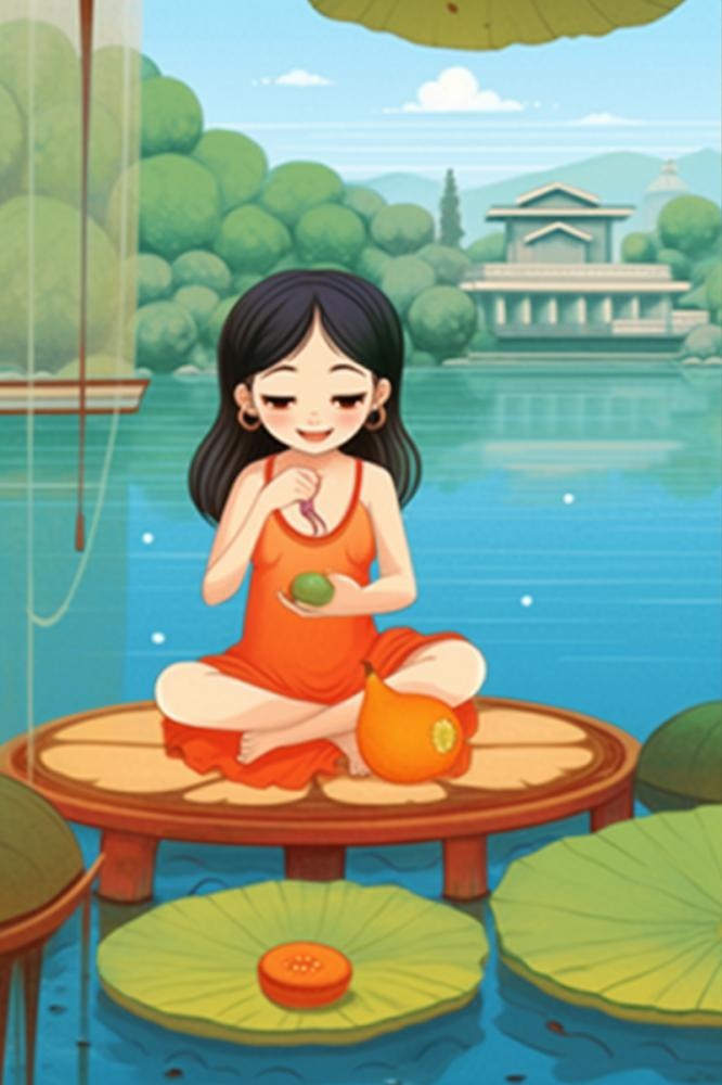 女孩坐着乘凉水果插画背景